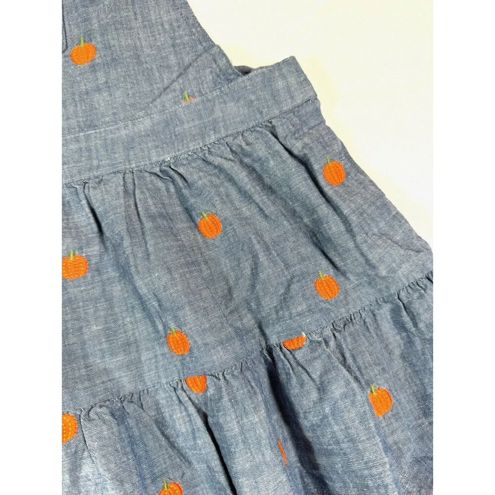 GYMBOREE Girls Chambray Pumpkin Embroidered Tiered Overall Dress 12‎ Cottagecore